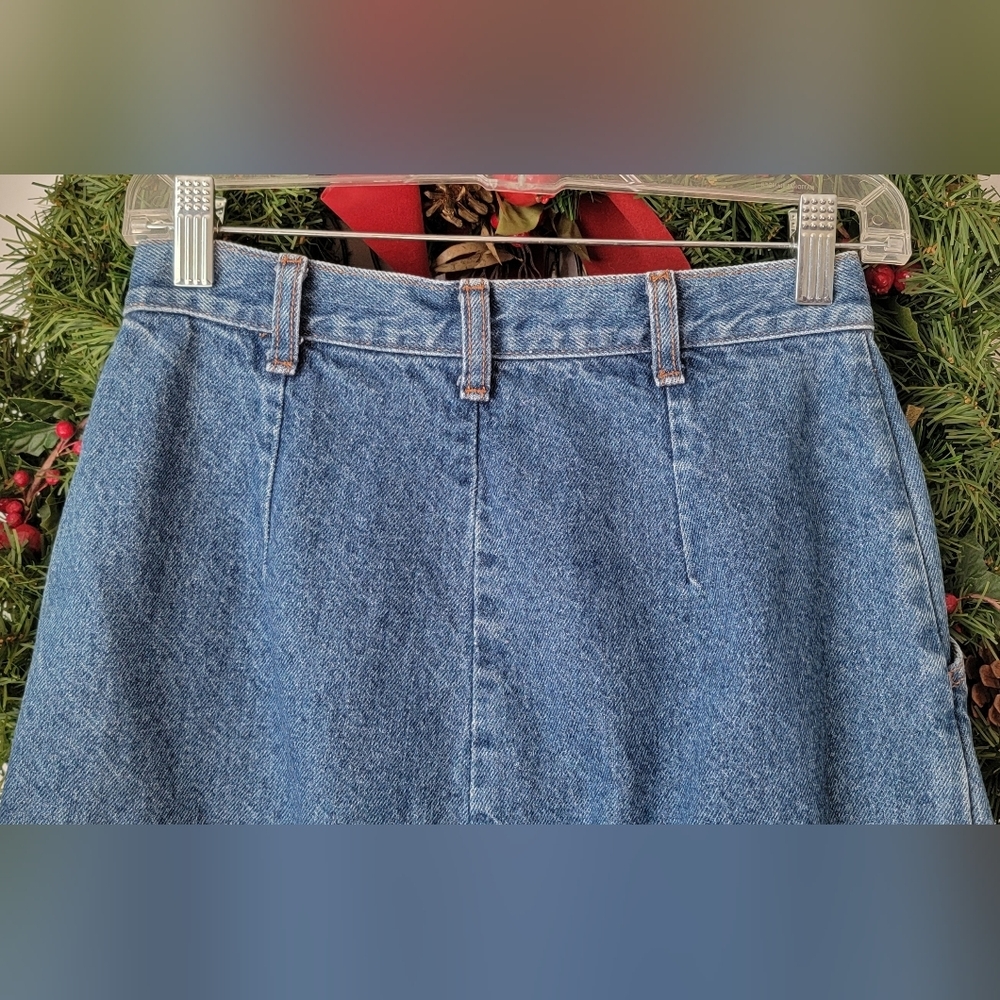 90s Vintg Denim Maxi Skirt Womens 7/8 Med Wash Blue 100% Cotton Fitted w/ Pleate - Picture 4 of 11